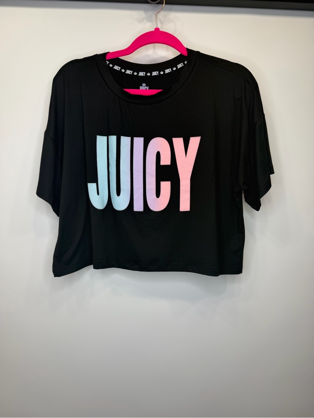 Juicy Couture Black Crop Top with Pastel Pink & Light Blue Logo
